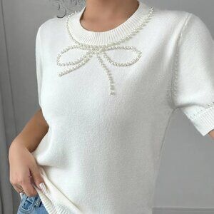 Pearl Bow Embellished Round Neck Sweater